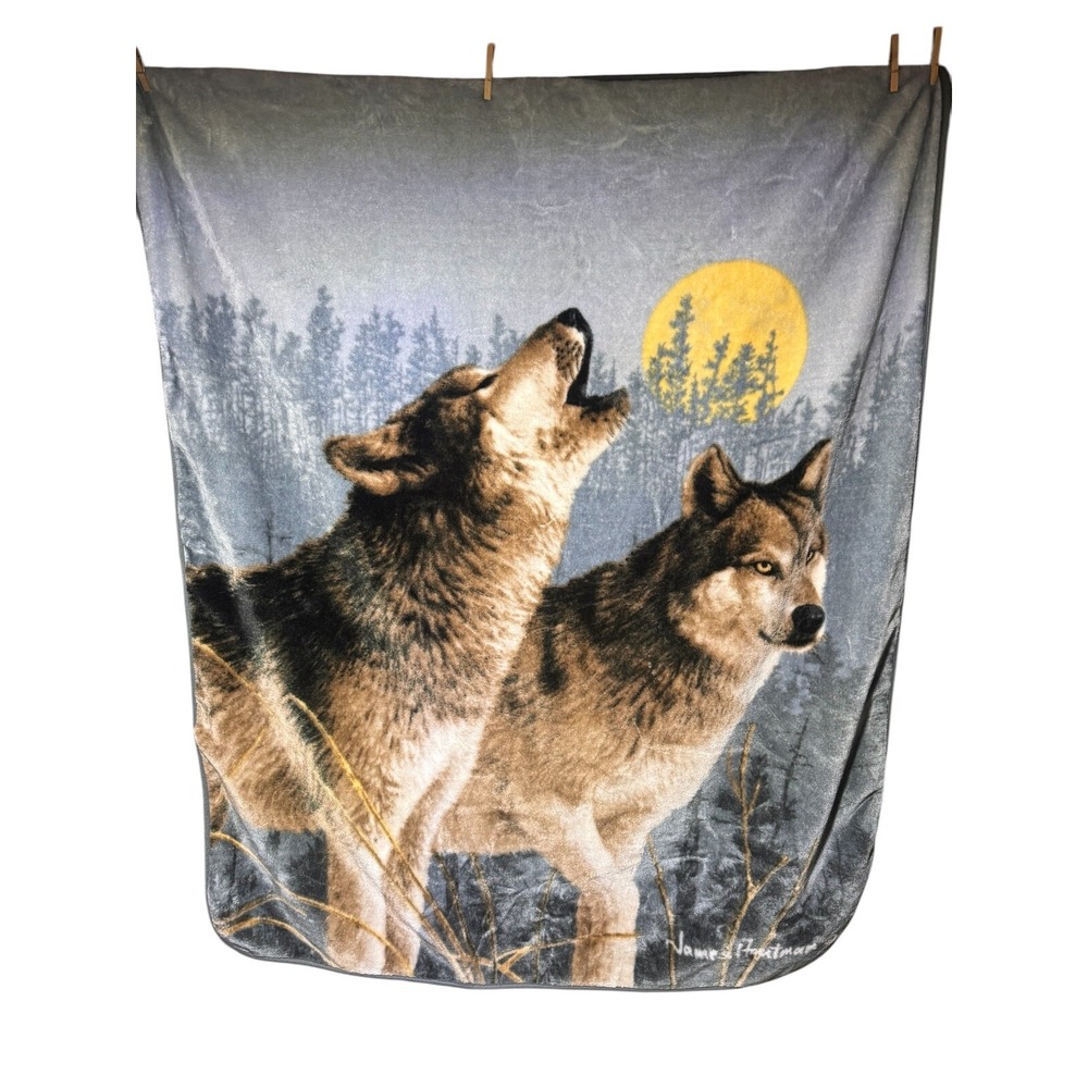 James Hautman 50x60 Howl At The Moon Fleece Wolf Throw Blanket Cabin Nature